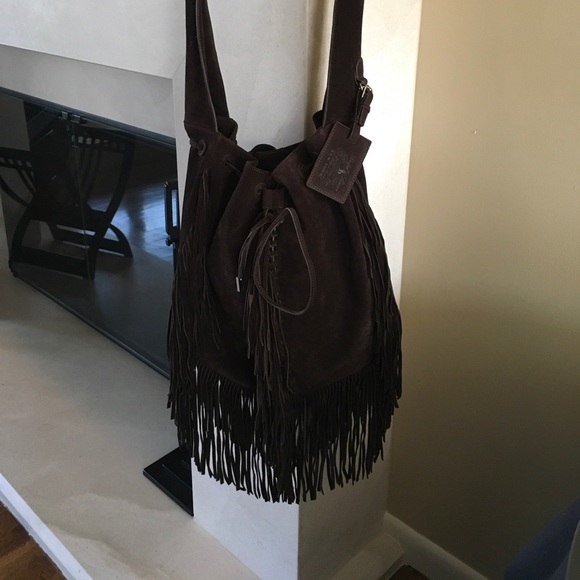 RALPH LAUREN RICH CHOCO BROWN SUEDE FRINGED HOBO - Picture 1 of 7